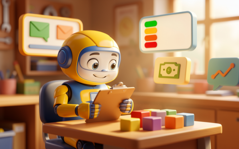 Friendly toy robot reviewing client health signals on floating dashboard panels