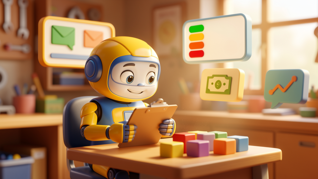 Friendly toy robot reviewing client health signals on floating dashboard panels