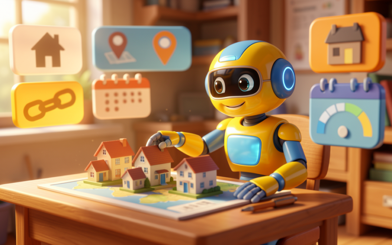 Friendly toy robot arranging miniature houses on a map for estate agency valuation comparables