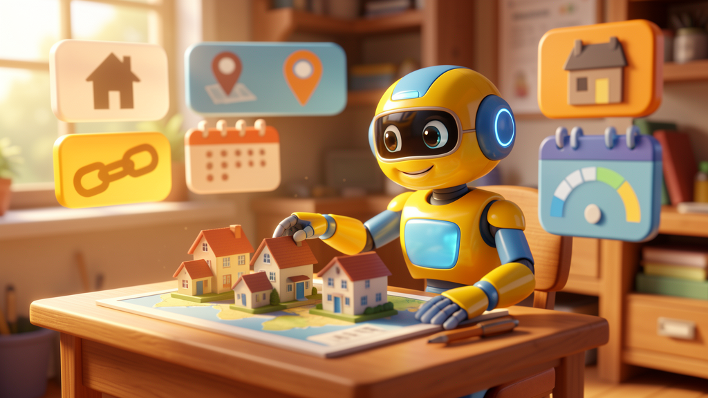 Friendly toy robot arranging miniature houses on a map for estate agency valuation comparables