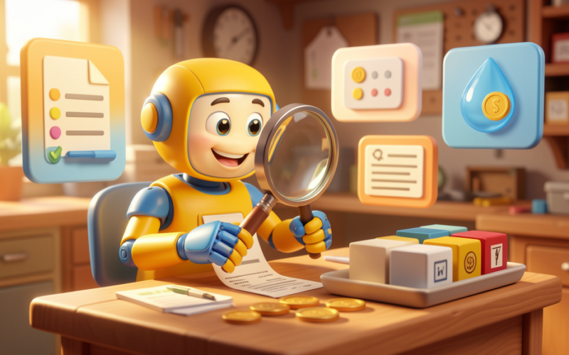 Friendly toy robot checking receipts and coins for expense recharge leakage