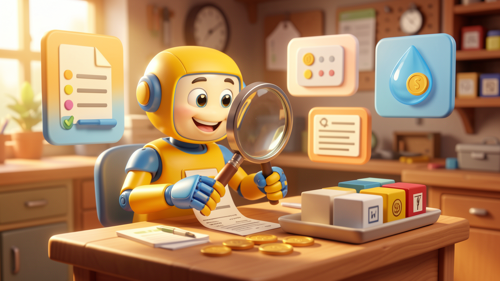 Friendly toy robot checking receipts and coins for expense recharge leakage