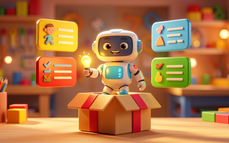 Playful toy robot AI character with a checklist and lightbulb, colourful 3D animated style