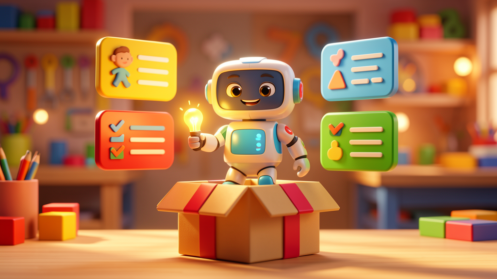 Playful toy robot AI character with a checklist and lightbulb, colourful 3D animated style