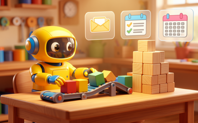 Friendly toy robot arranging task blocks to show AI agents completing business workflows