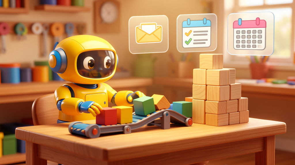 Friendly toy robot arranging task blocks to show AI agents completing business workflows