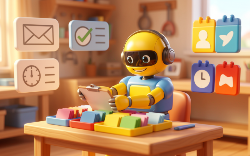 Friendly toy robot assistant organising CRM emails, tasks and customer cards on a warm office desk