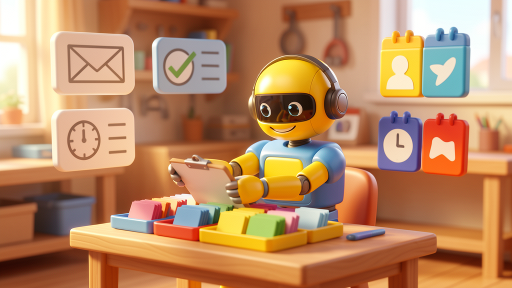 Friendly toy robot assistant organising CRM emails, tasks and customer cards on a warm office desk