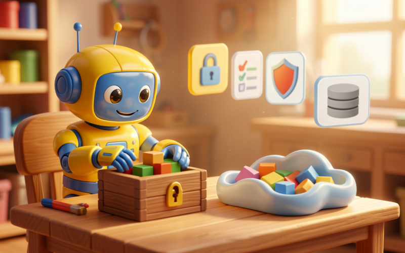Friendly toy robot sorting data blocks between a locked private box and a cloud tray, representing private AI and public AI tools