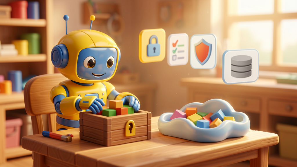 Friendly toy robot sorting data blocks between a locked private box and a cloud tray, representing private AI and public AI tools