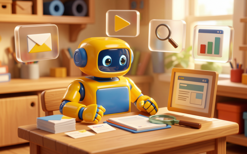 Friendly toy robot at a workshop desk organising email, follow-up, research, reporting and website task panels