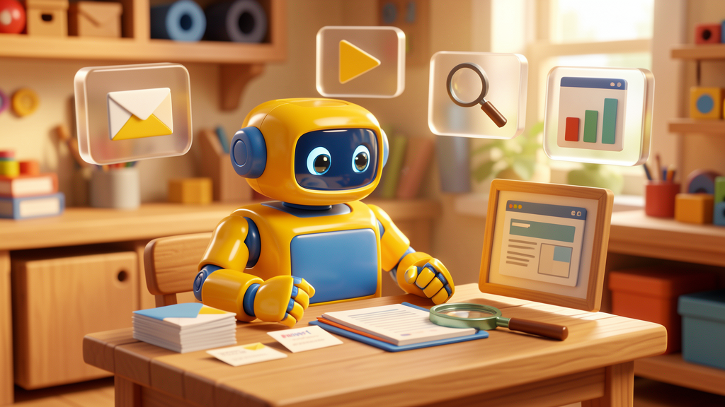 Friendly toy robot at a workshop desk organising email, follow-up, research, reporting and website task panels