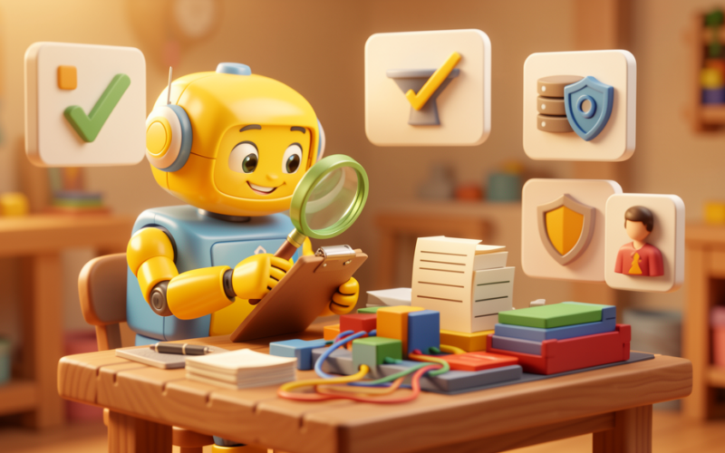 Friendly toy robot auditing business workflows with checklist, data and risk panels