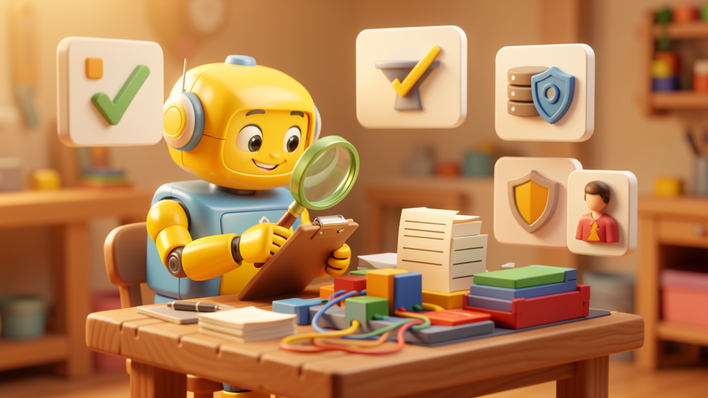 Friendly toy robot auditing business workflows with checklist, data and risk panels