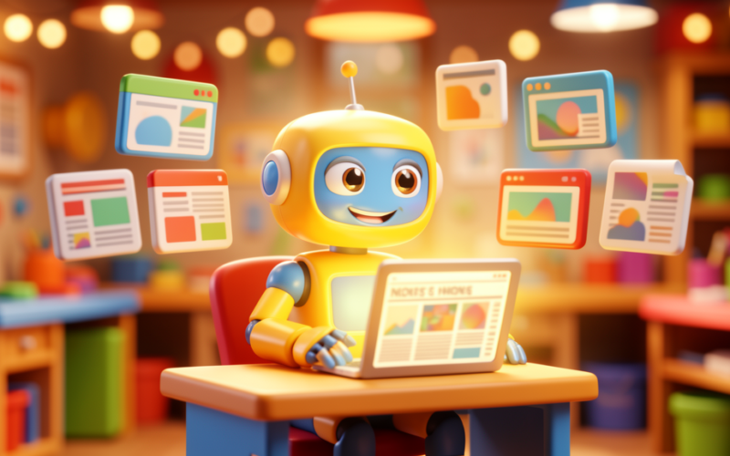 Playful toy robot AI character surrounded by floating newspaper-style panels, colourful 3D animated style