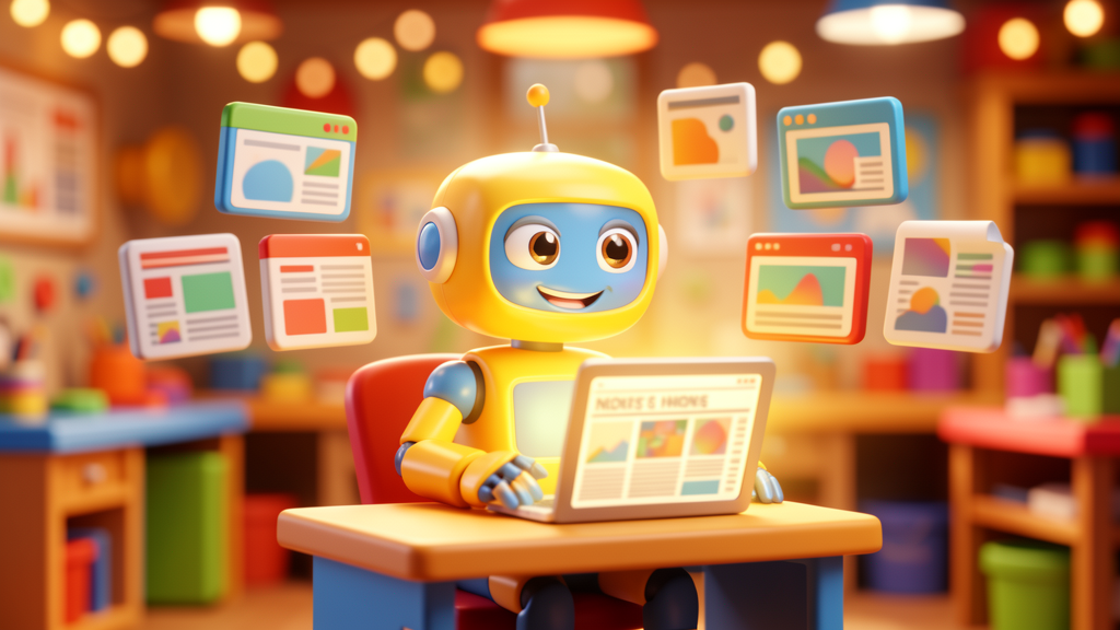 Playful toy robot AI character surrounded by floating newspaper-style panels, colourful 3D animated style