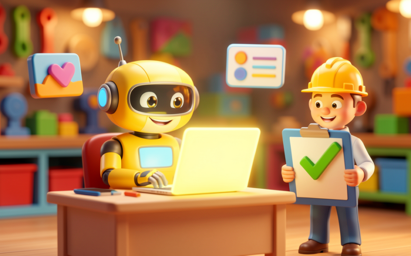 Playful toy robot AI character with a toy foreman reviewing its work, colourful 3D animated style
