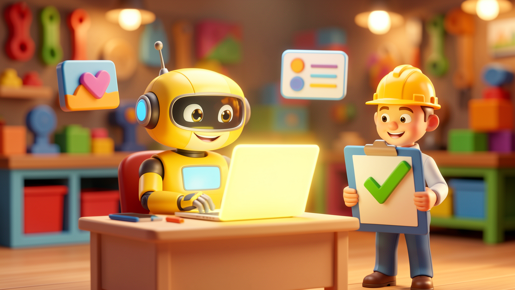 Playful toy robot AI character with a toy foreman reviewing its work, colourful 3D animated style