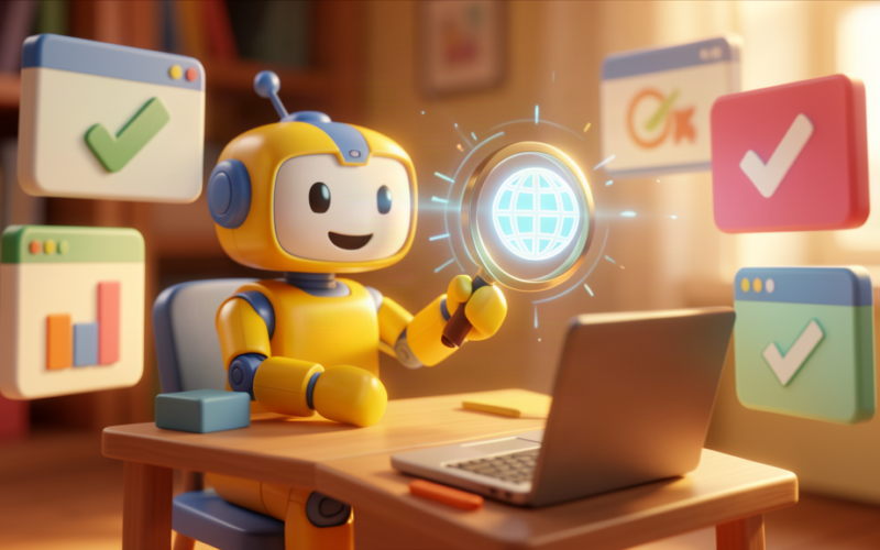Toy robot character scanning a website with a magnifying glass for AI visibility, illustrating the AI Visibility Audit tool
