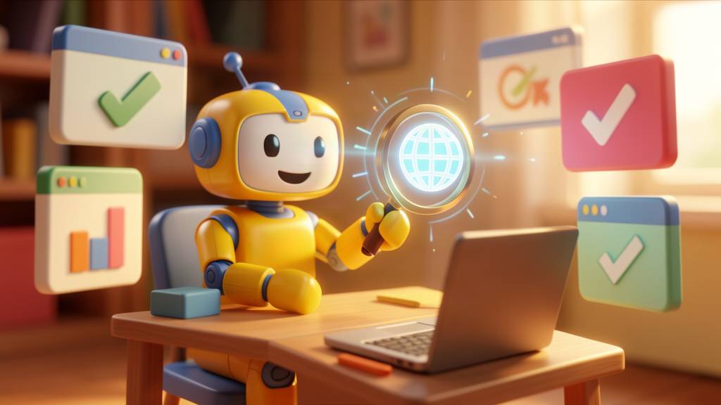 Toy robot character scanning a website with a magnifying glass for AI visibility, illustrating the AI Visibility Audit tool