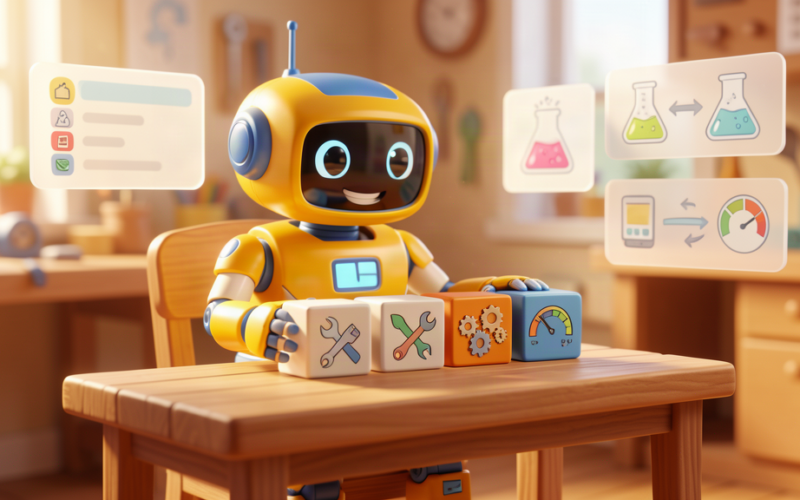 Friendly toy robot planning a four-week AI implementation workflow with task, testing, workflow and measurement panels