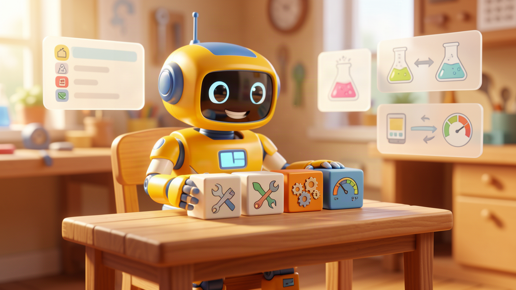 Friendly toy robot planning a four-week AI implementation workflow with task, testing, workflow and measurement panels