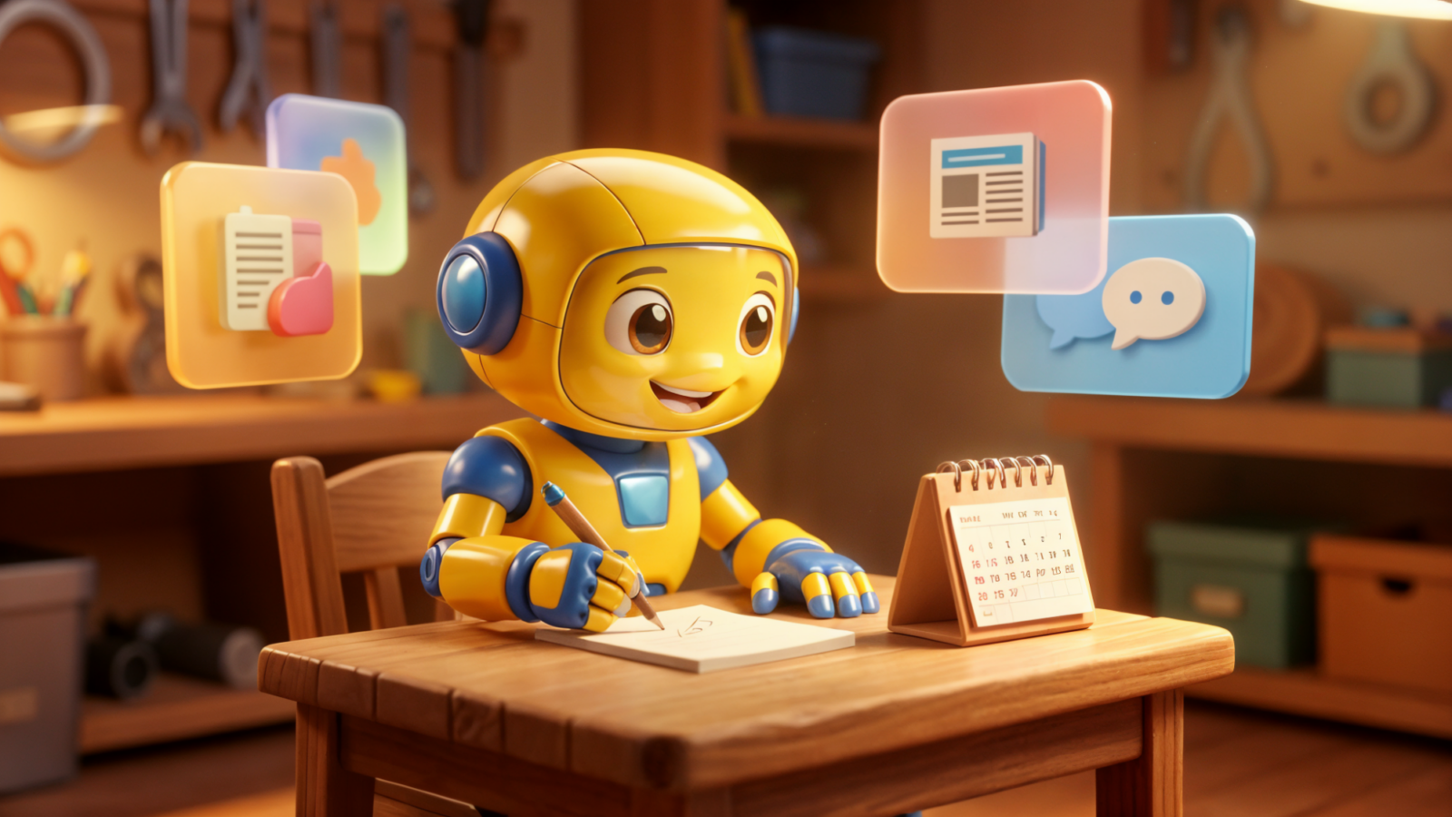 A friendly toy robot character at a small desk, writing notes next to a calendar, in a warm Pixar-style illustration