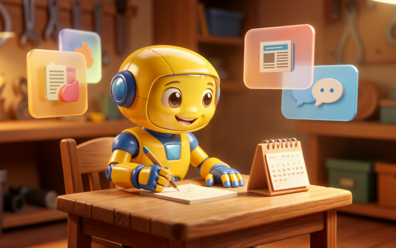 A friendly toy robot character at a small desk, writing notes next to a calendar, in a warm Pixar-style illustration