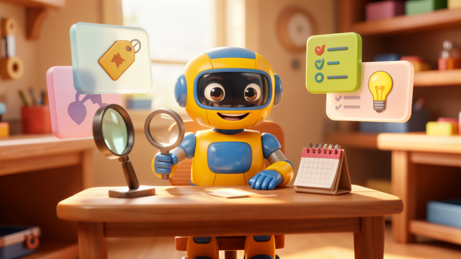 A friendly toy-robot AI character at a small workshop desk with a calendar and toy UI panels, illustrating a busy week of automation and admin work
