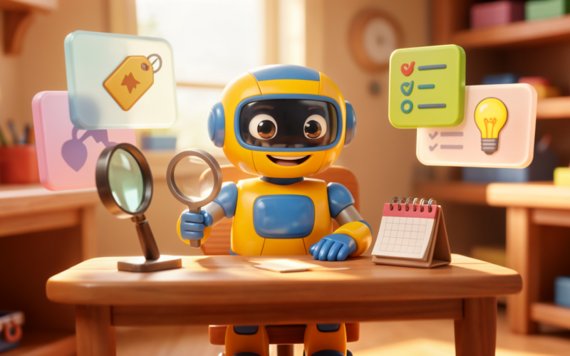 A friendly toy-robot AI character at a small workshop desk with a calendar and toy UI panels, illustrating a busy week of automation and admin work