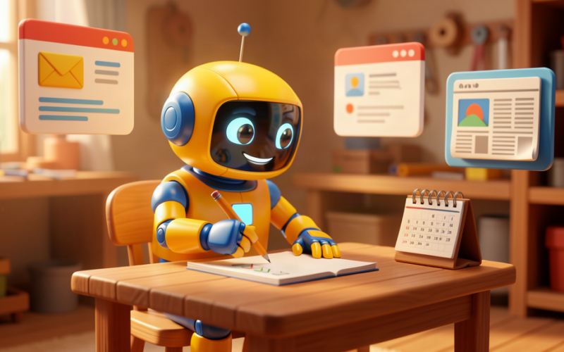 Toy robot AI character checking off a checklist at a desk, surrounded by playful icons for emails, social posts and news articles
