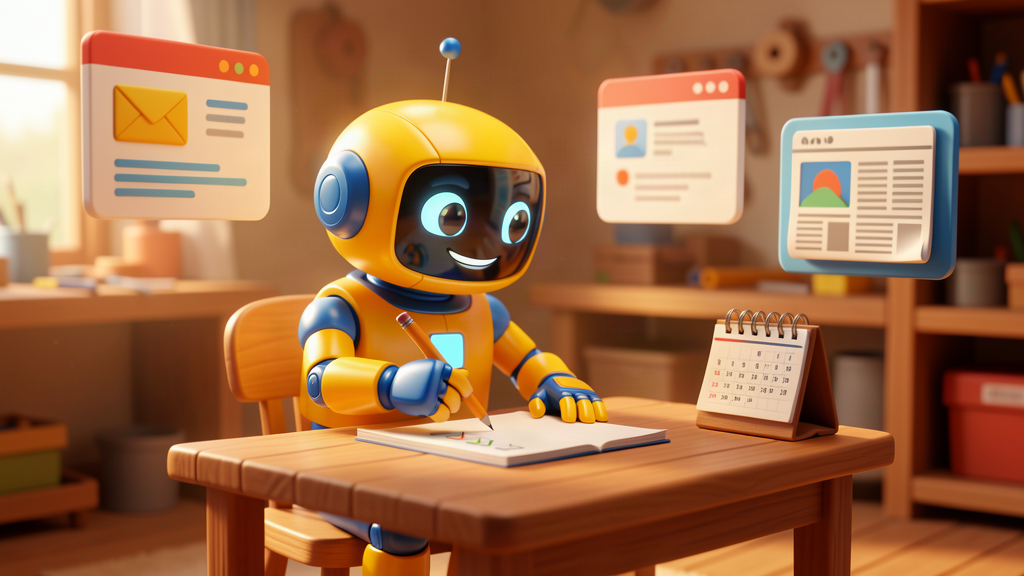 Toy robot AI character checking off a checklist at a desk, surrounded by playful icons for emails, social posts and news articles