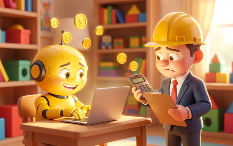 Cartoon robot working with a manager tracking AI token costs