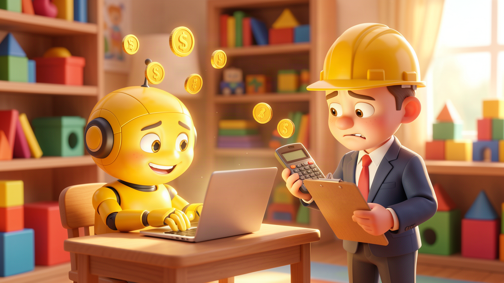 Cartoon robot working with a manager tracking AI token costs