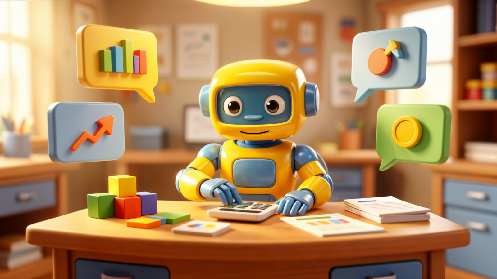 Toy robot using a calculator with chart panels for management accounts variance commentary