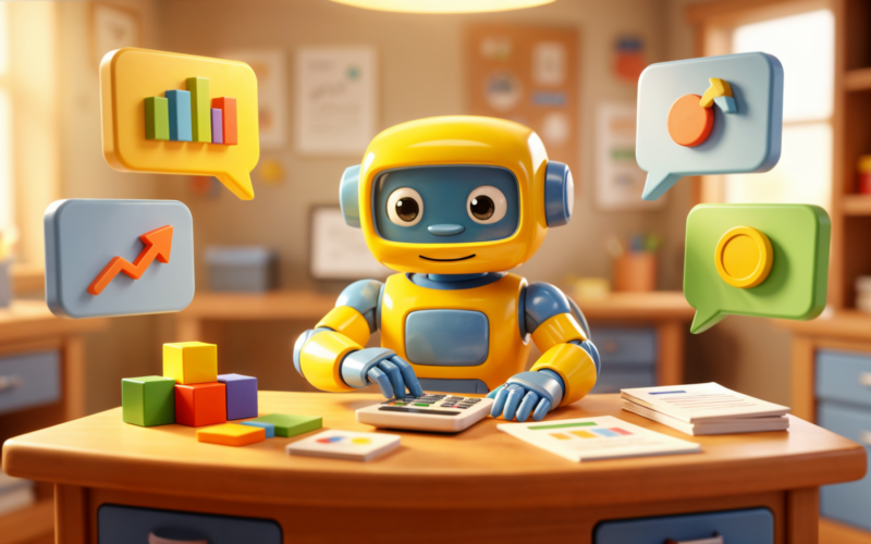 Toy robot using a calculator with chart panels for management accounts variance commentary