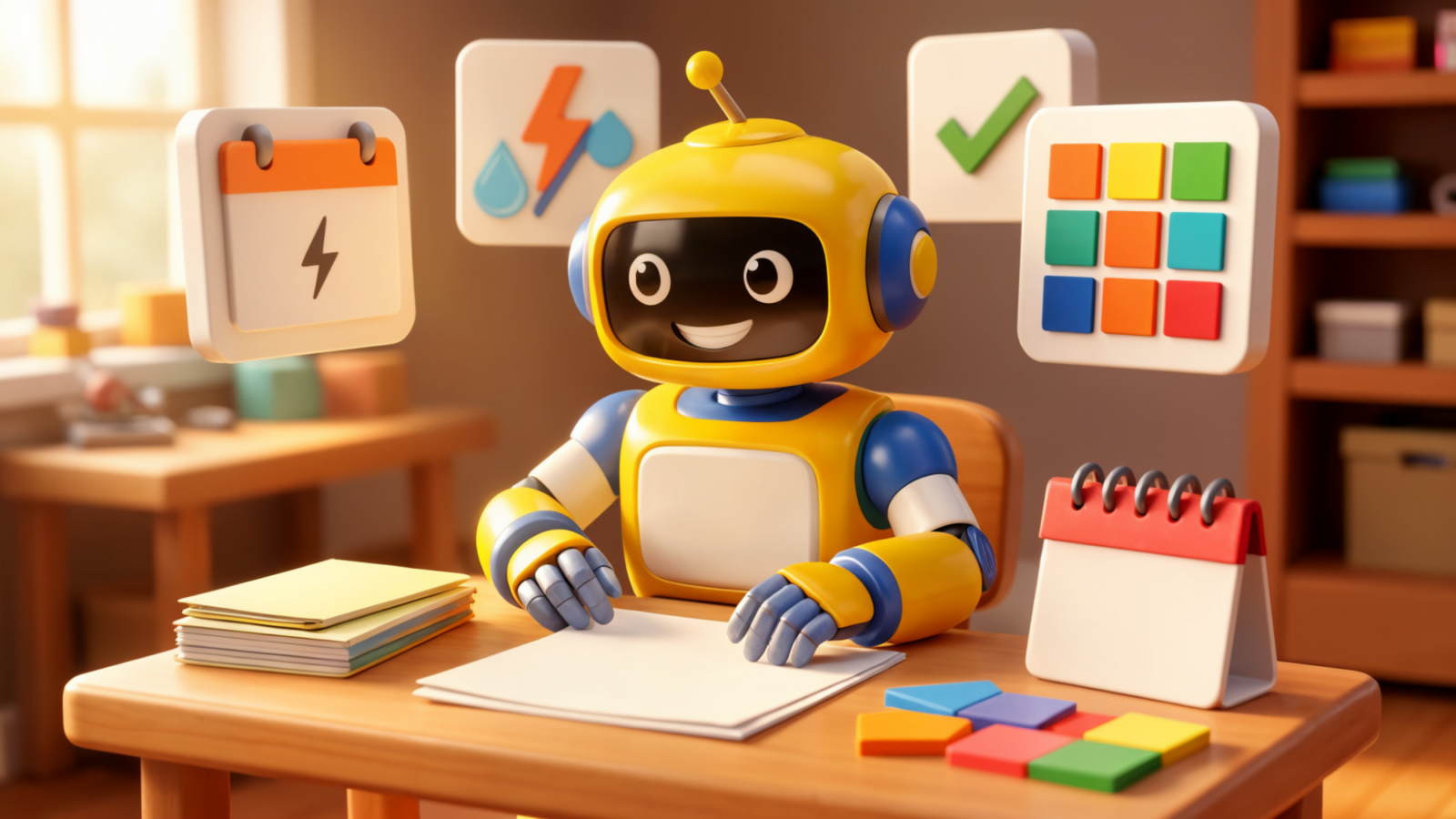 Friendly toy robot reviewing blank contract and utility renewal panels