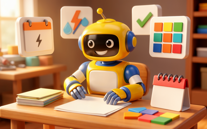 Friendly toy robot reviewing blank contract and utility renewal panels