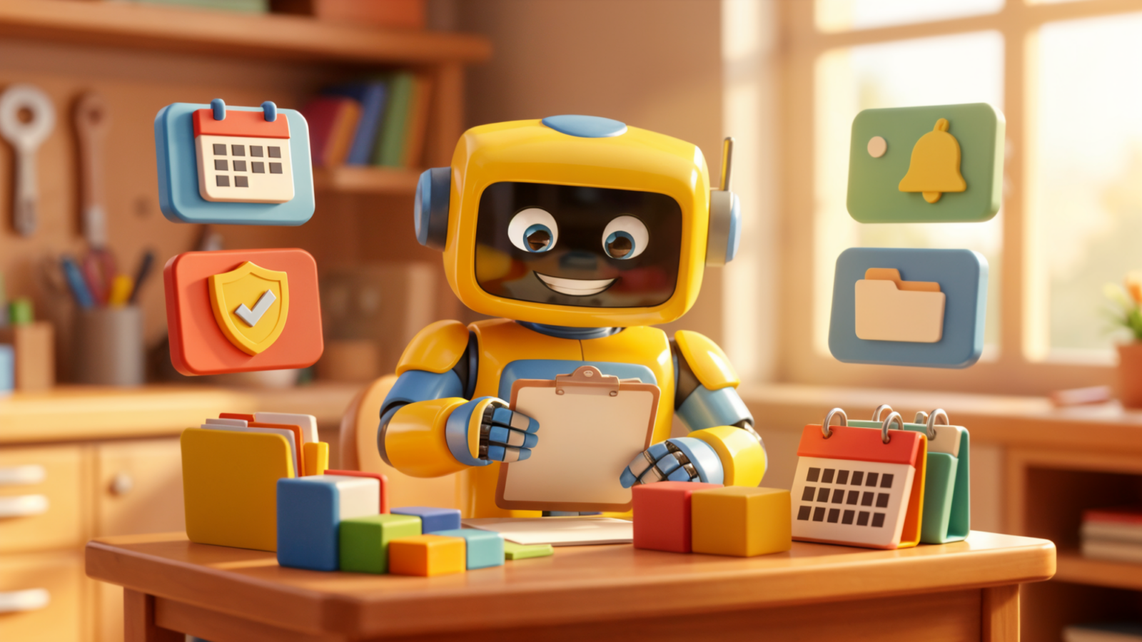 Toy robot reviewing compliance documents, calendar reminders and document folders for recruitment agency expiry tracking