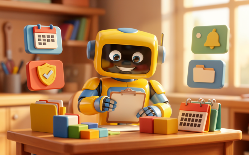 Toy robot reviewing compliance documents, calendar reminders and document folders for recruitment agency expiry tracking
