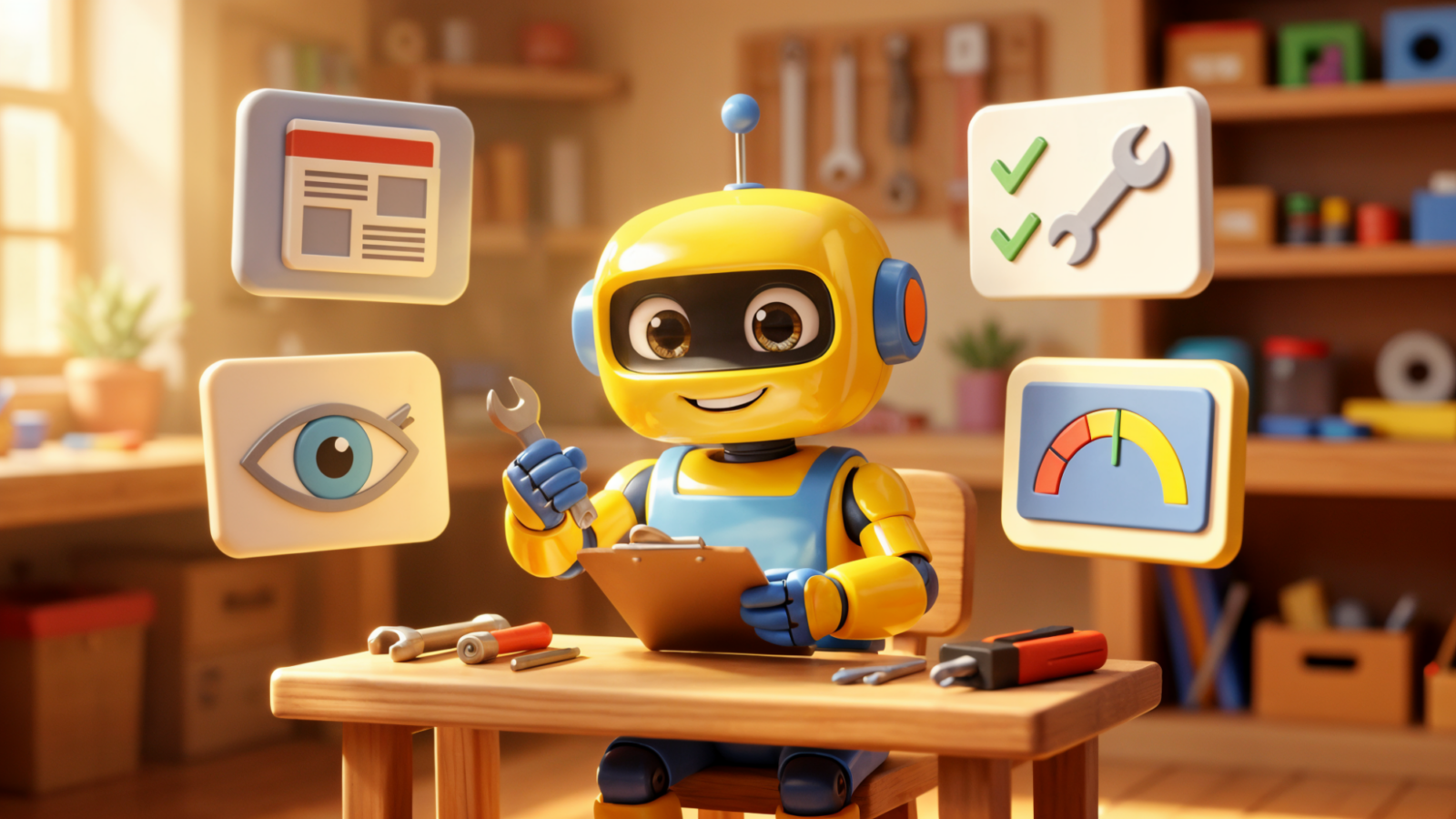 Warm 3D toy robot at a workshop desk reviewing floating panels for tools, training and oversight