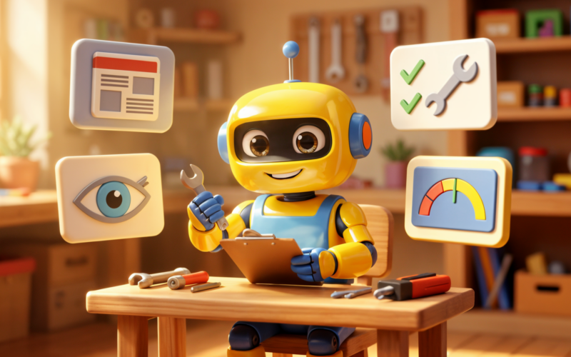 Warm 3D toy robot at a workshop desk reviewing floating panels for tools, training and oversight