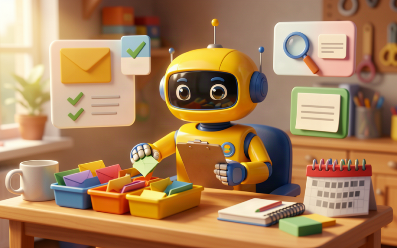 Toy robot assistant sorting enquiries, tasks, research notes and meeting preparation panels in a warm small-office scene