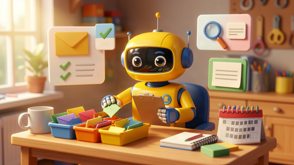 Toy robot assistant sorting enquiries, tasks, research notes and meeting preparation panels in a warm small-office scene