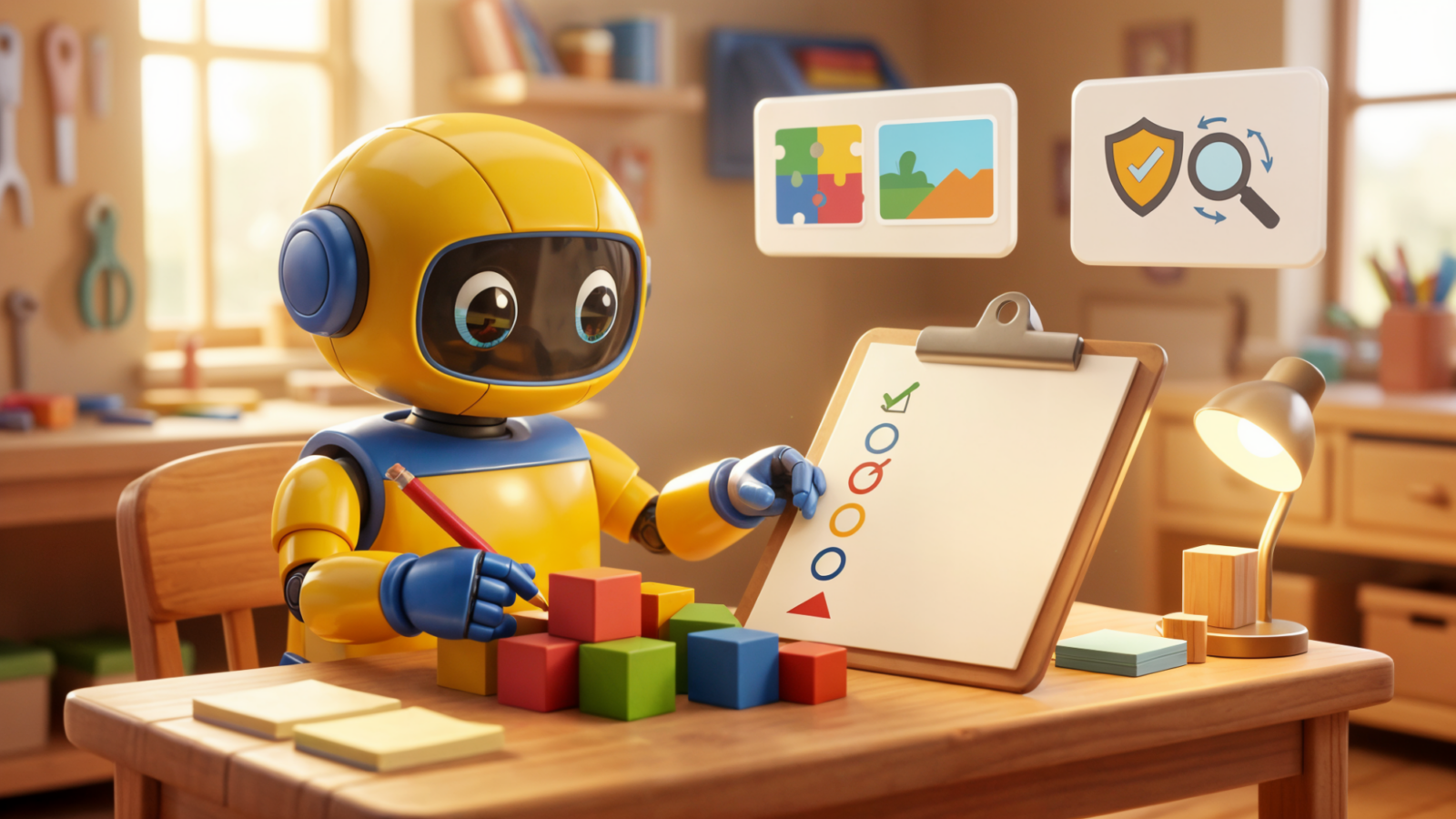 Toy robot checking AI output quality with context, examples, rules and review icons