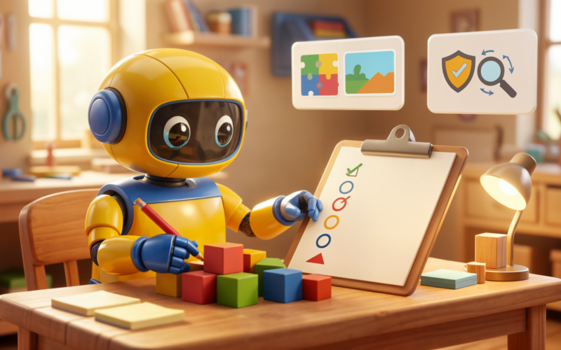 Toy robot checking AI output quality with context, examples, rules and review icons