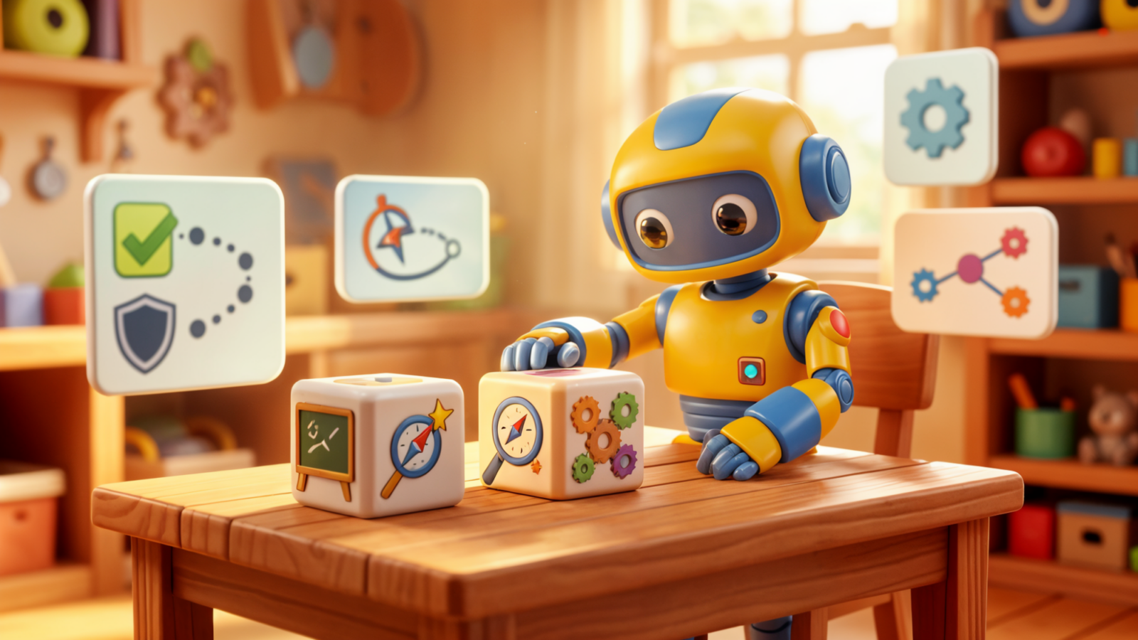 Warm 3D toy robot sorting abstract blocks representing AI training, consultancy and workflow systems