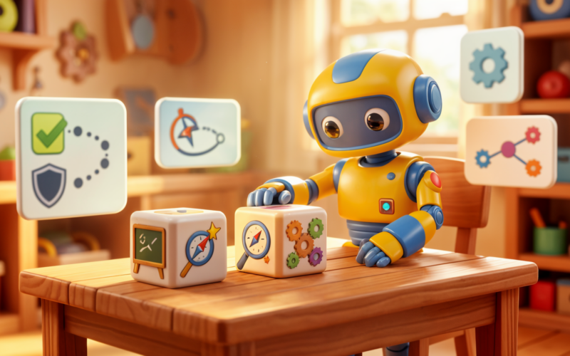 Warm 3D toy robot sorting abstract blocks representing AI training, consultancy and workflow systems