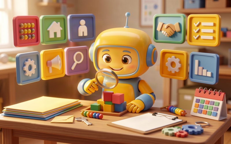 Friendly toy robot using a magnifying glass to find hidden AI opportunities across business workflows