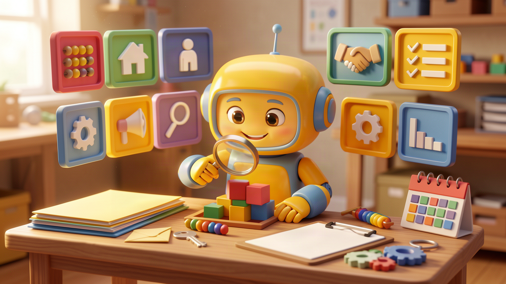 Friendly toy robot using a magnifying glass to find hidden AI opportunities across business workflows